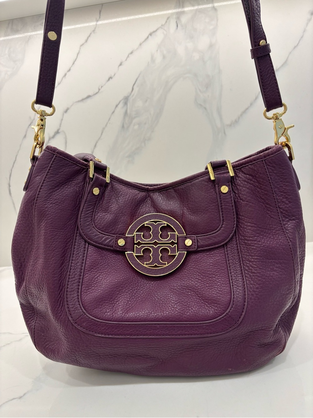 Tory Burch Purple Pebbled Leather Amanda Classic Hobo Bag
